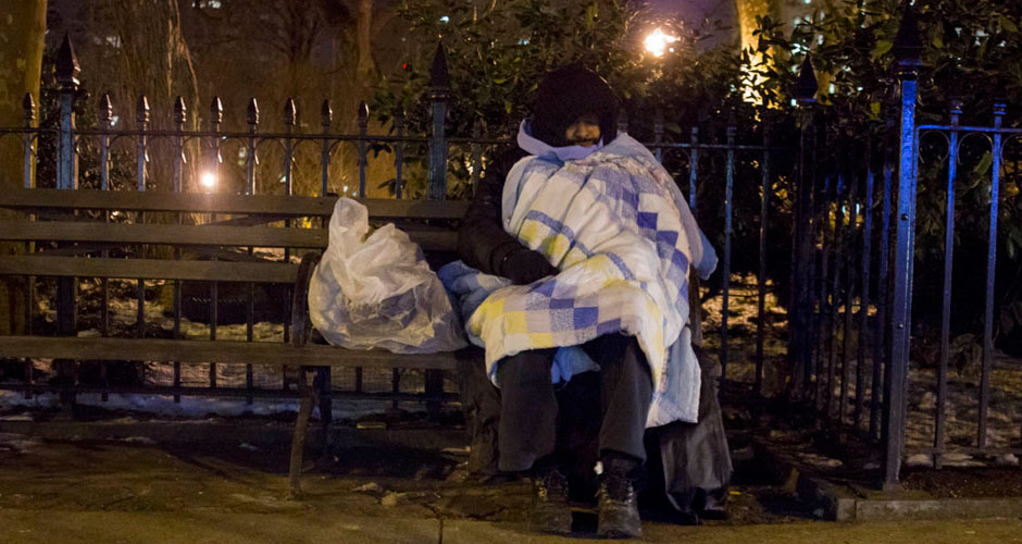 Arthur Chatetham III, 52, a former security guard, was found on a bench on the north corner of Madison Square Park in Midtown during Tuesday’s Homeless Outreach Population Estimate. Each year volunteers canvass the city to estimate the number of homeless individuals living on the streets. (Anand Katakam/NY City Lens)