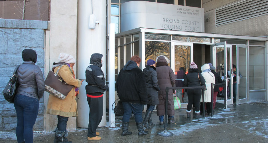 Bronx tenants line up outside of the Bronx County Housing Court on Jan. 29, 2014. Almost 2,000 residents pass through the borough's court each day to fight evictions. (Sandhya Subbarao/NY City Lens)