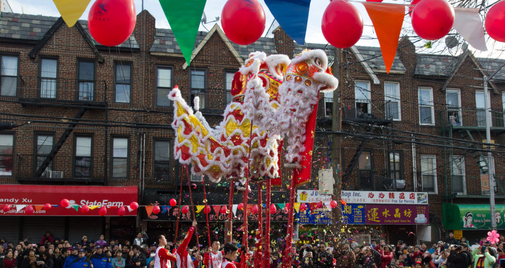 To welcome the lunar new year, Sunday's celebration in the Chinese community of Sunset Park, Brooklyn featured lion dancing, a traditional part of the holiday festivities. Thousands came to see the performances organized by the Brooklyn Chinese-American Association. (Annie Wu/NY City Lens)