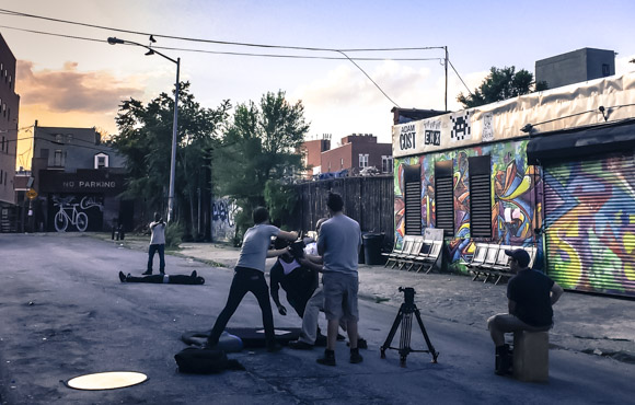 A movie crew shoots a short film near Myrtle Ave, in Bushwick, Brooklyn. (Kevin Townsend / NY City Lens)