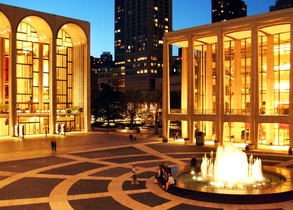 Lincoln Center at Twilight. Avery Fisher Hall, on the right, will soon be renamed the David Geffen Hall.