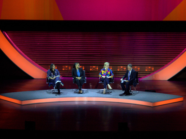 Women in film session: Ava DuVernay, Sharmeen Obaid-Chinoy, Meryl Streep, moderated by Jon Stewart (Joanna Socha/NYCityLens)