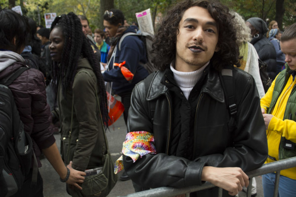 Alberto Hernández, a member of the Safe Outside the System Collective, posed for a photo before the Rise Up October march in Manhattan on October 24, 2015.