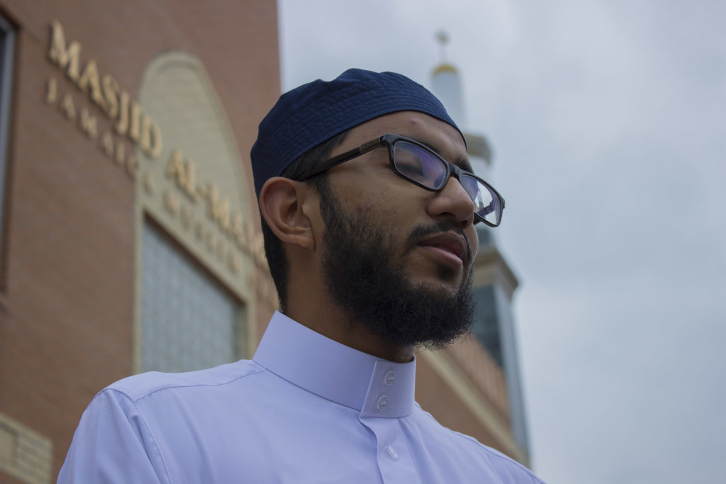 Junaid Jafar, son of the Al-Mamoor Mosque's imam, getting some some fresh air outside the mosque in Queens, New York, on Sept. 27, 2015.