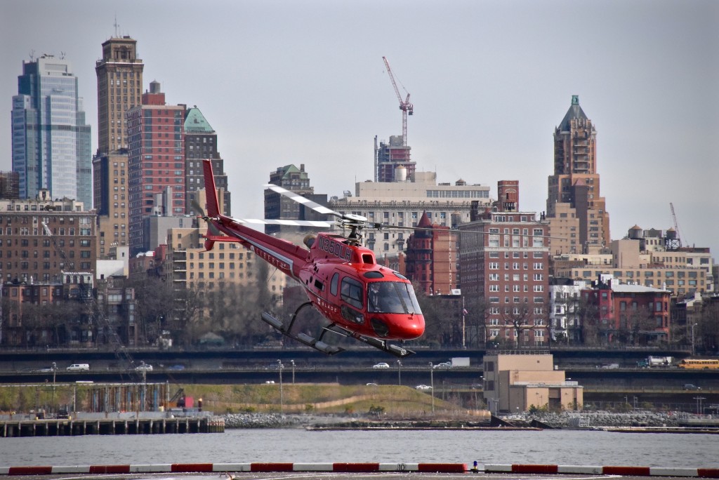 A Liberty Helicopters takes off from the Downtown Manhattan Heliport, where all tourism helicopter flights in New York City take off and land. 