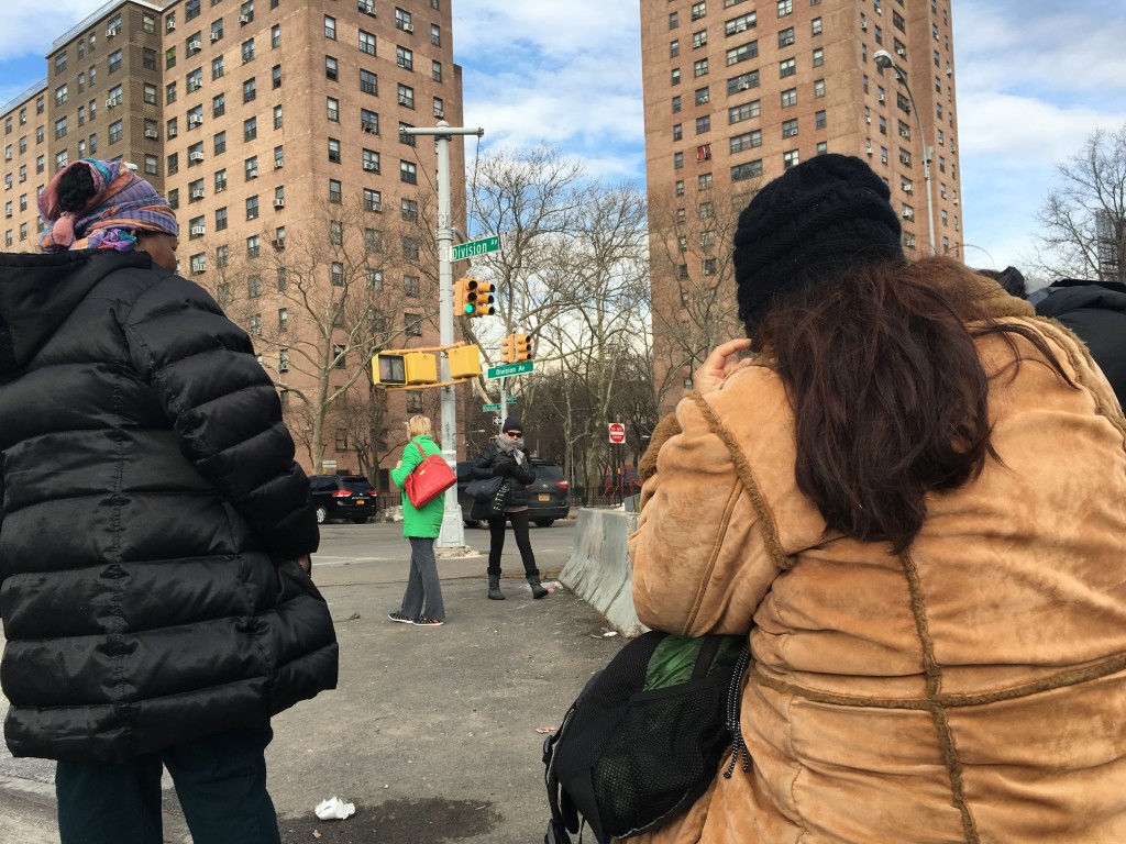 Two women wait patiently for a work opportunity at Marcy Avenue and Division Avenue in Williamsburg. (Credit: Marybel Gonzalez)