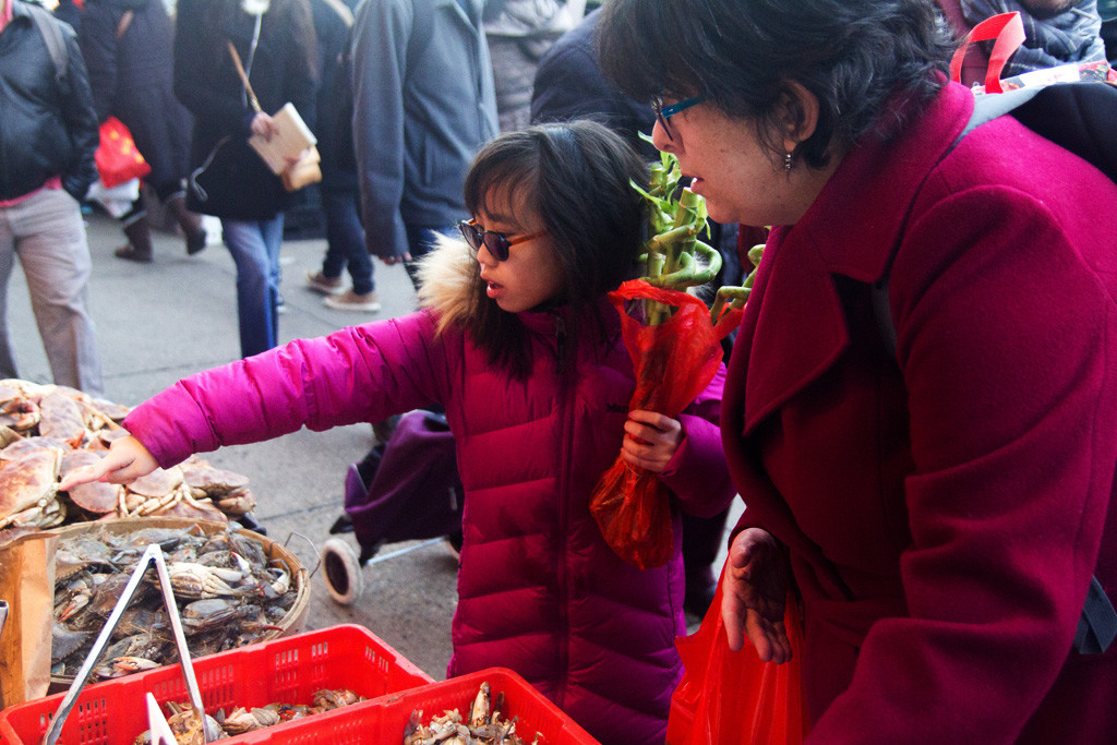Susanne Gruhn (on the left) pointed the products to her adoptive mother, Laurie Gruhn (on the right), at a seafood market in Chinatown