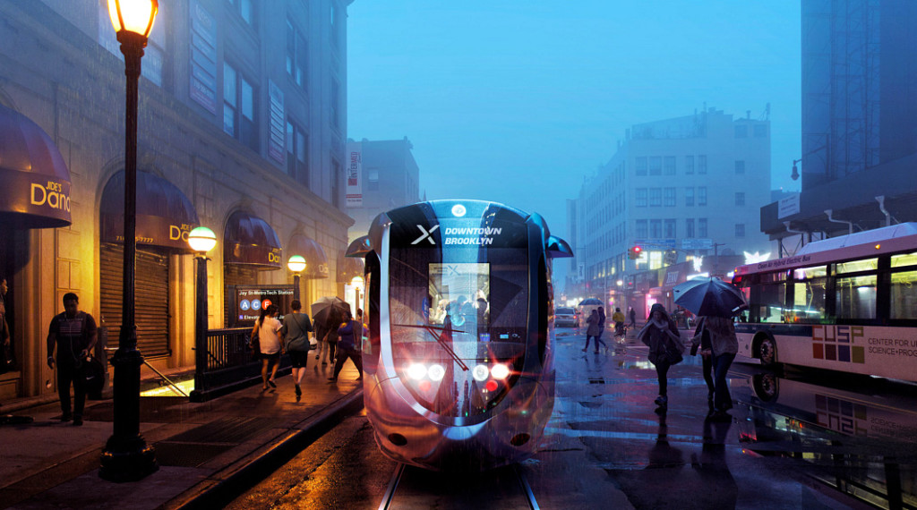 A rendering of the proposed streetcar line. Friends of the Brooklyn Queens Connector
