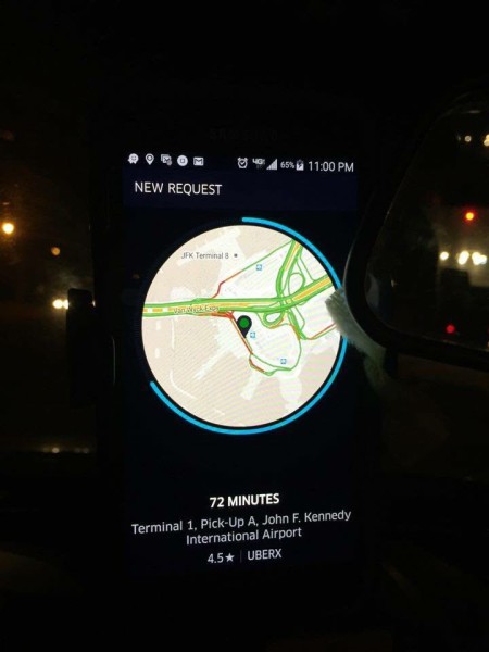 Rider's request on the drivers Uber app from JFK . The closest Uber car is 72 minutes away. 