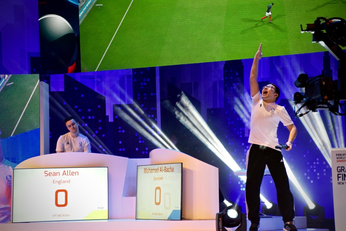Mohamed Al-Bacha celebrated after scoring during the final rounds of the FIFA Interactive World Cup in Harlem on Sunday.