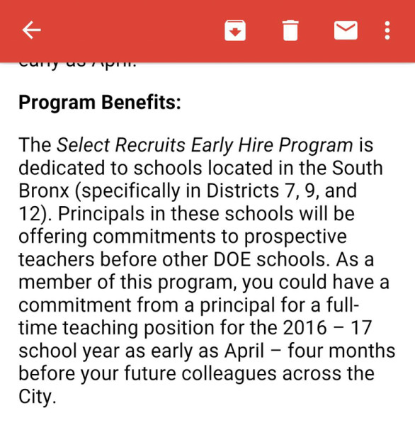 A colleague, currently looking to join the DOE as a new teacher, received this email from the DOE and forwarded it to Rodriguez, whose school is in District 7.