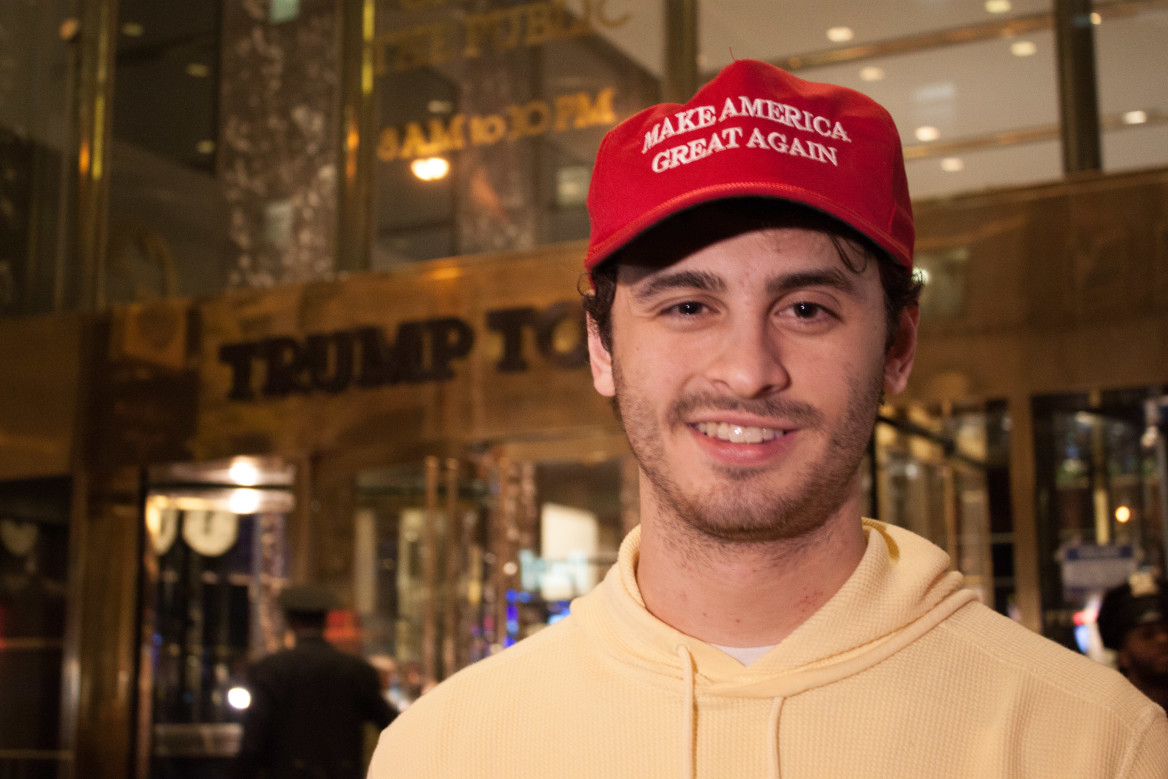 Nick Celli from New Jersey showed up on Tuesday night to show his support for Republican presidential candidate, Donald Trump (Ang Li)