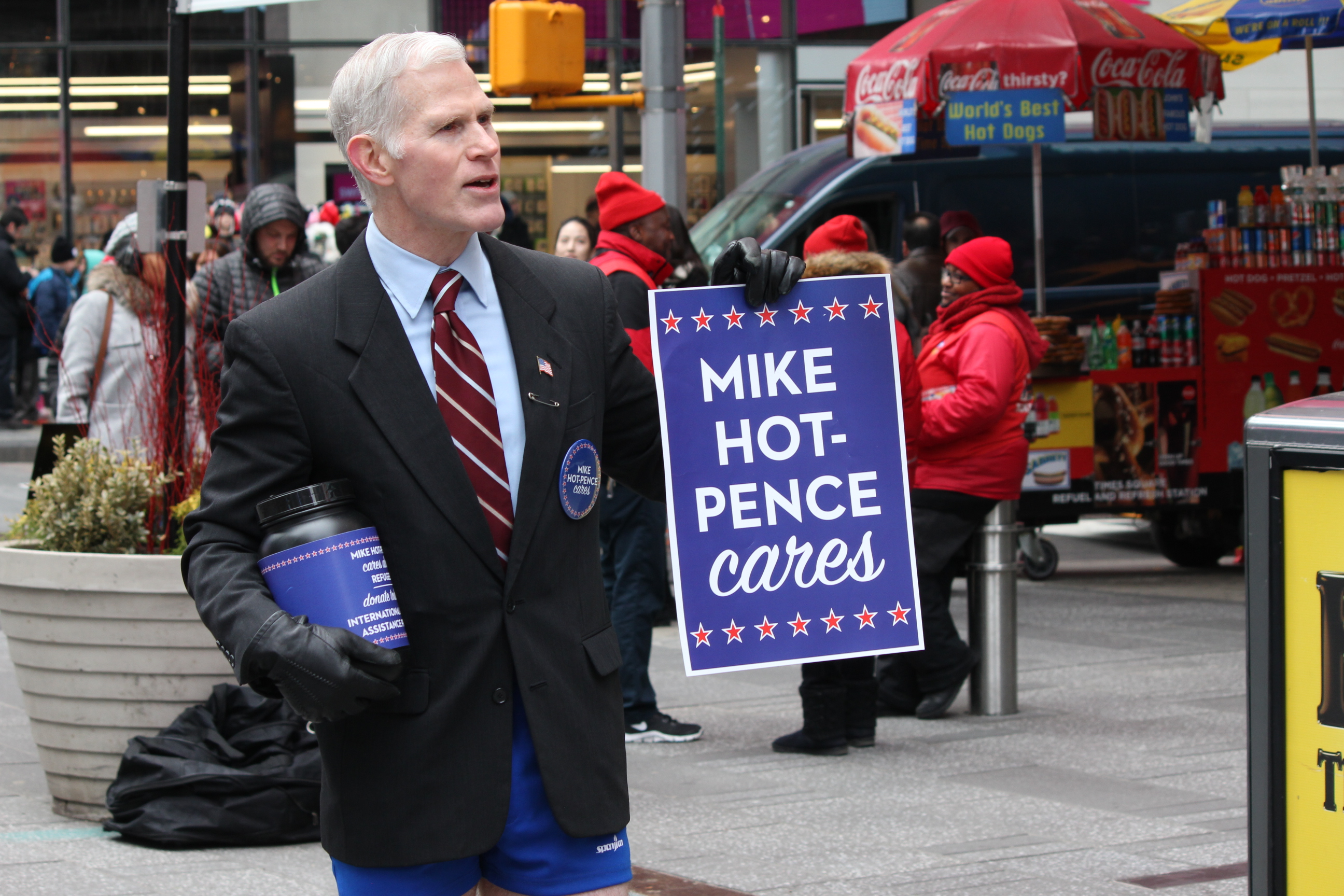 Glen Pannell, or "Mike Hot-Pence," raises money most weekends in Times Square. (Alliey Lau / NY City Lens) 