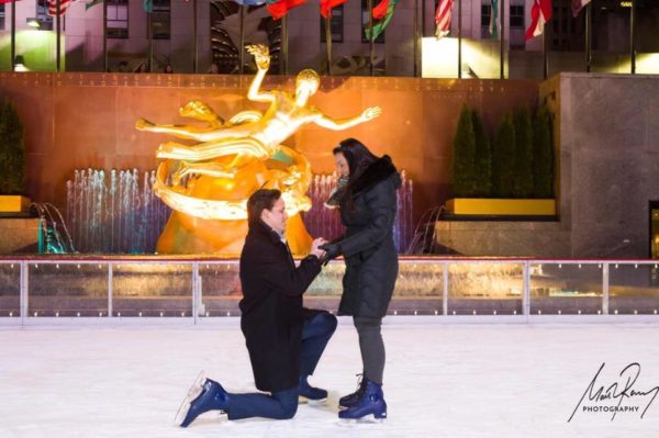 Karl Bauer proposing to his now wife, Elizabeth Plaza, on the ice at Rockefeller Center