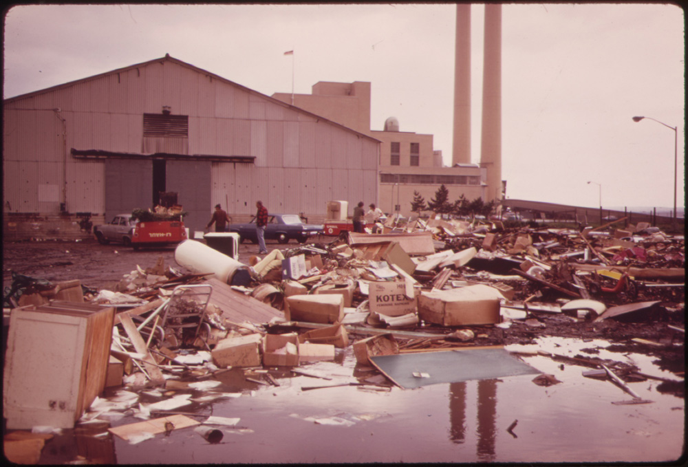 Household trash has been dumped in front of the New York City incinerator plant at Gravesend Bay.