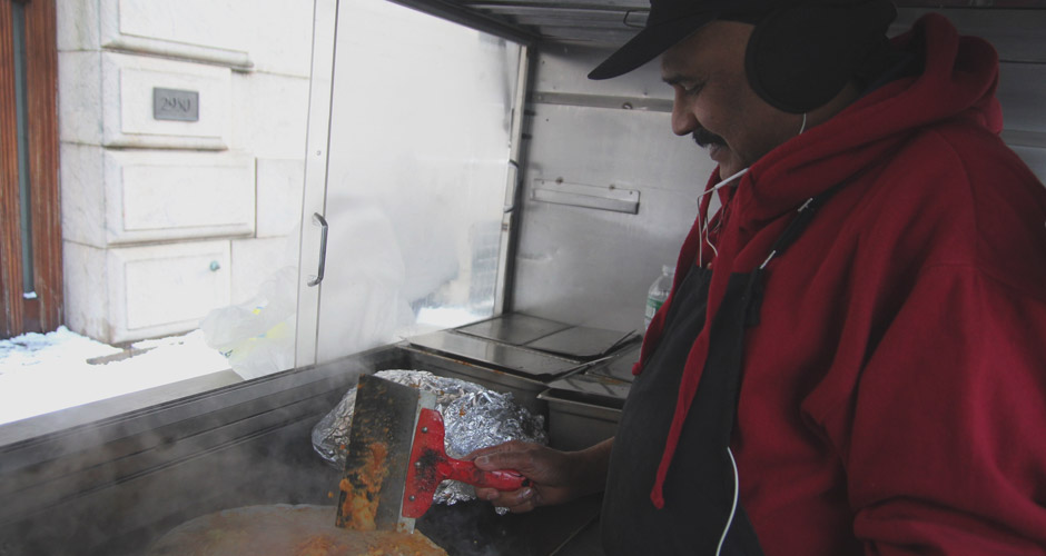 Ever since winter storm Janus slammed New York City with frigid temperatures, Swami, the owner and chef of the Dosa Cart on 116th and Broadway, has lost money as customers stay out of the cold and away from his cart. (Asha Mahadevan/NY City Lens)