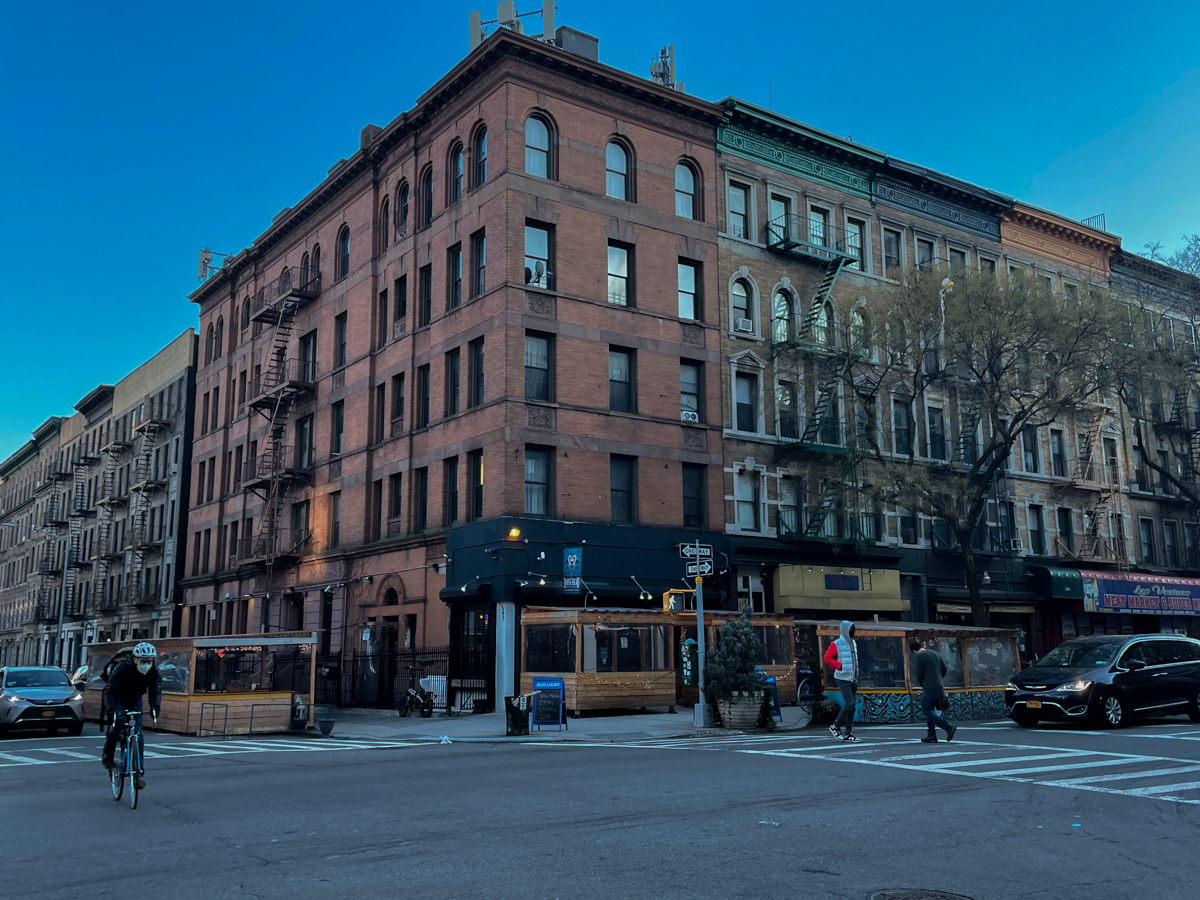 The dining sheds outside Lion’s Head Tavern in Morningside Heights, Manhattan on Tuesday, Feb. 9, 2022. The Department of Transportation said on Tuesday it does not envision sheds in outdoor dining's post-Covid future. Credit: Luke Cregan for NY City Lens.