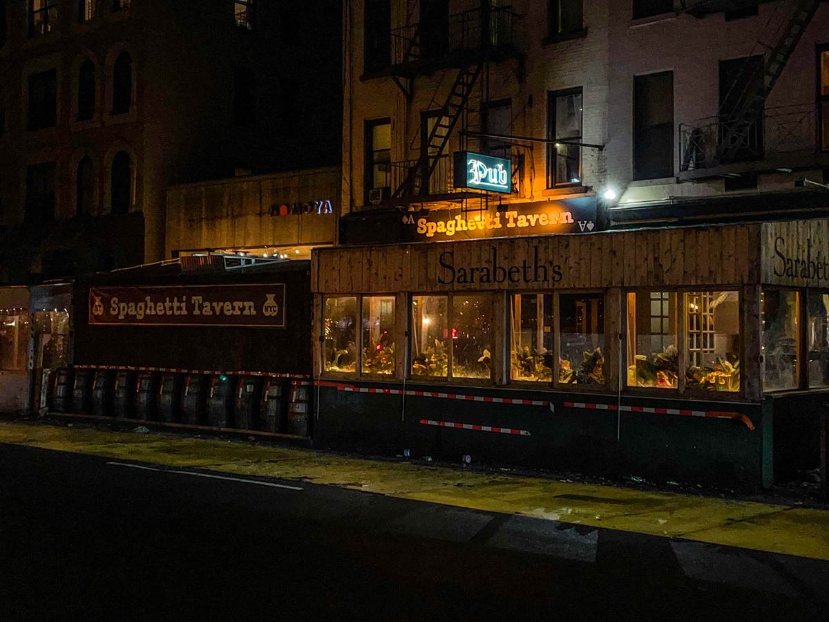 A row of dining sheds on Amsterdam Avenue between 80th and 81st street, Manhattan, on Feb. 9, 2022. The Department of Transportation said on Tuesday it does not envision sheds in outdoor dining's post-Covid future. Credit: Luke Cregan for NY City Lens.