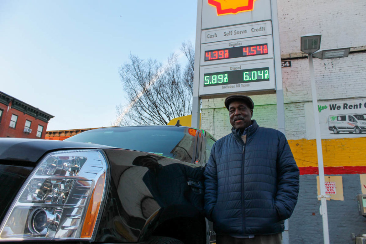 Stanley Hogan parked at the Shell gas station at 2276 1st Ave., New York, in East Harlem. "That has a cause-and-effect on how I operate, maintain a vehicle, and how I feed my family," he said, talking about gas prices experiencing one of their higher peaks in years. March 30, 2022. (Photo credit: Eleonora Francica)