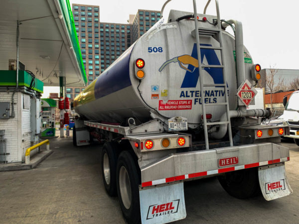 A container refills a gas station in East Harlem. The average price of a gallon of gasoline in New York City jumped 11% to $4.48 as of March 13 from $4.04 on March 7. March 30th, 2022. (Photo Credit: Eleonora Francica)