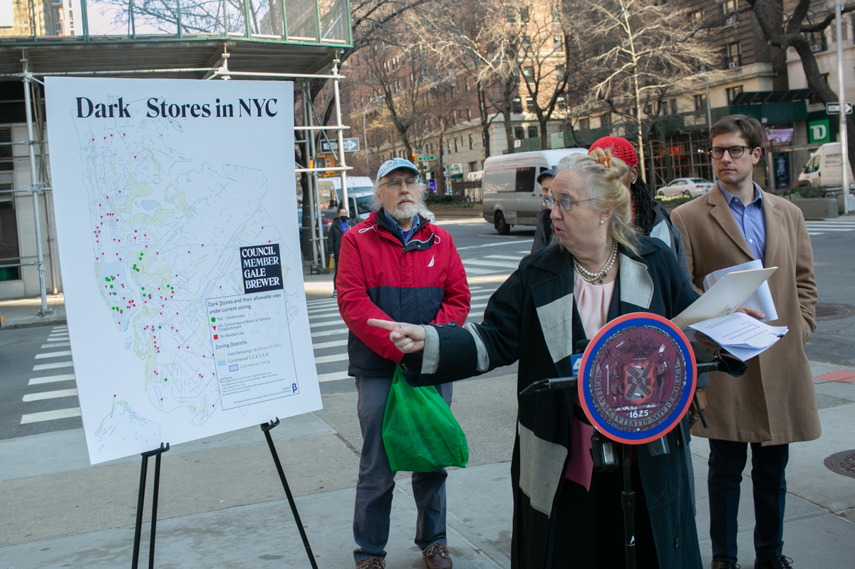 Councilmember Gale Brewer calls for scrutiny of so-called "dark stores" standing beside a map of delivery hubs prepared by BetaNYC on Wednesday, March 2, 2022. Credit: William Alatriste/NYC Council Media Unit.