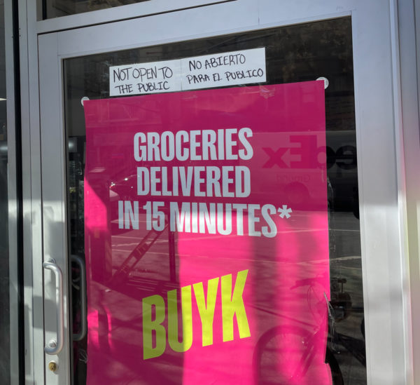 A sign barring the public from entering a Buyk delivery hub on the Upper West Side on Thursday, March 3, 2022. Credit: Luke Cregan for NY City Lens.