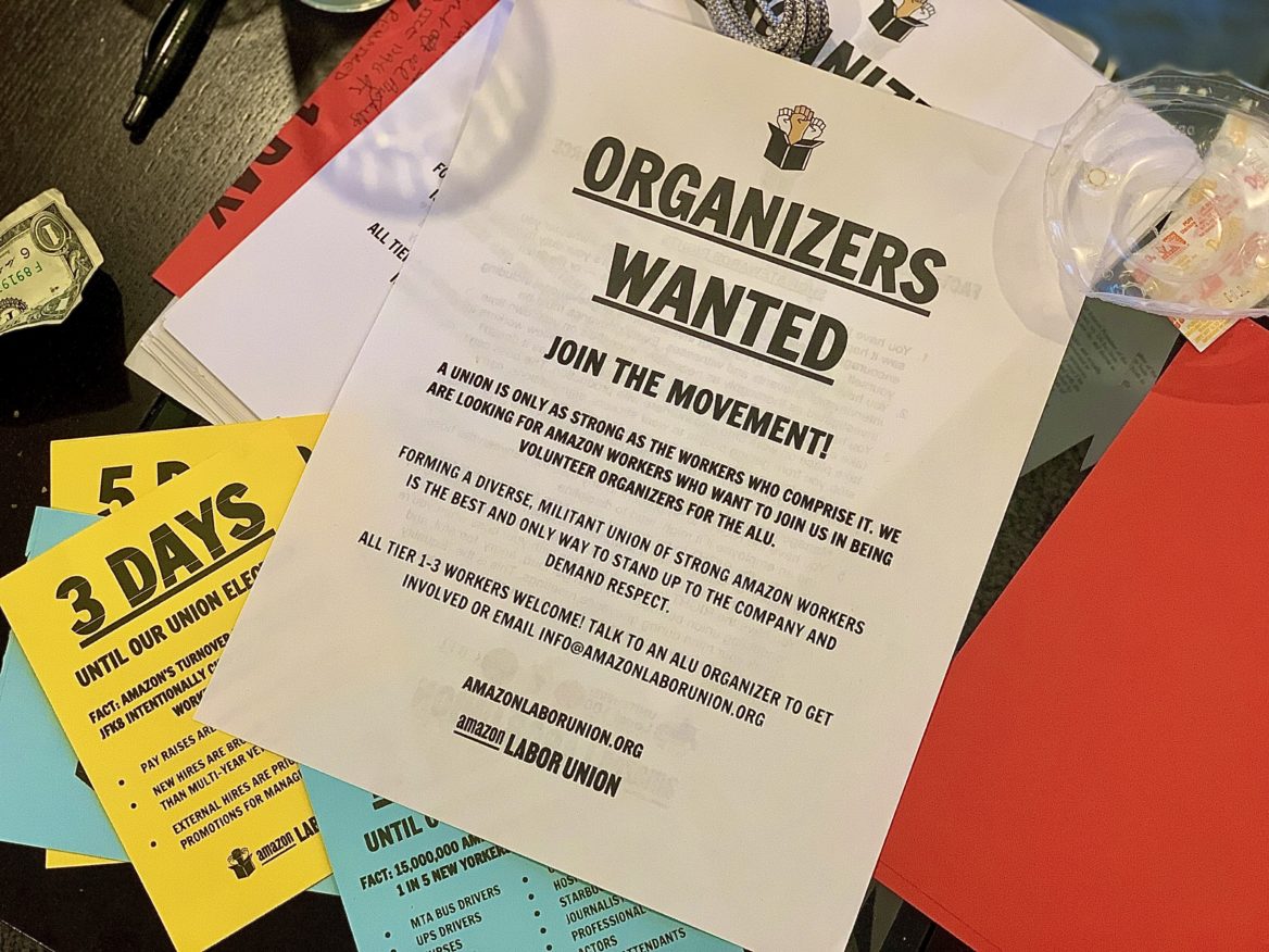 Posters made by the Amazon Labor Union members. March 25th, 2022. (Photo by Soo Min Kim for NY City Lens)