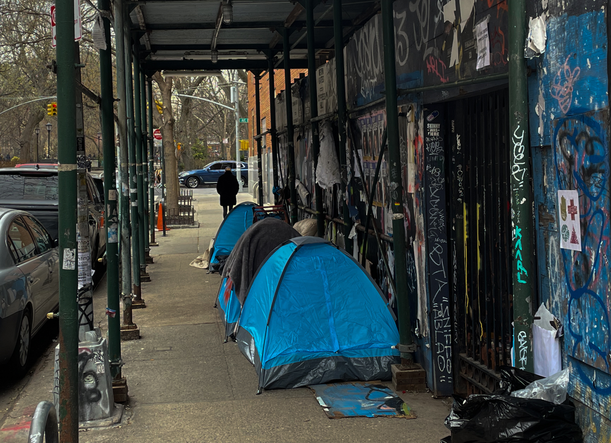 The tents of “Anarchy Row” on the Lower East Side as they stood on March 30, 2022, before successive sweeps. Credit: Luke Cregan for NY City Lens.